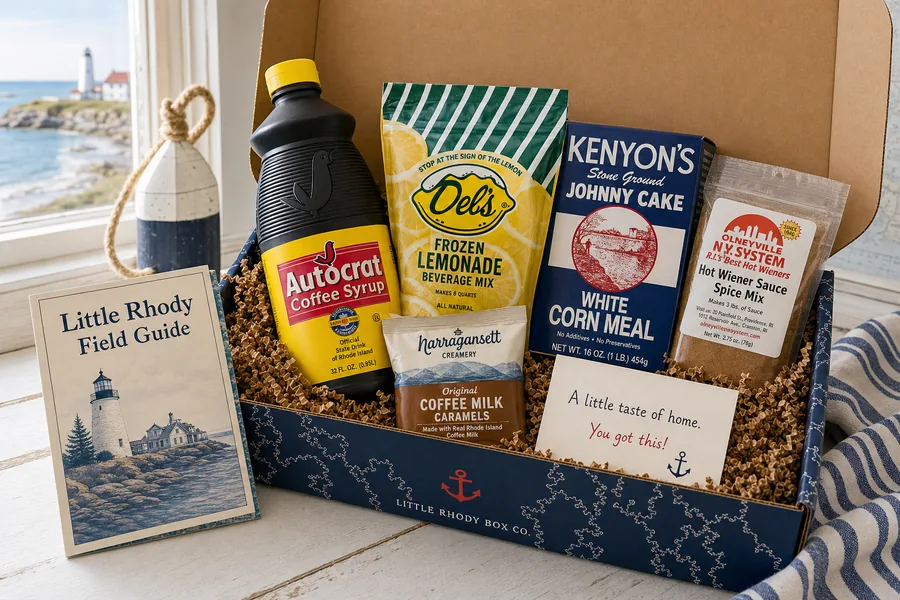 Rhode Island Survival Kit gift box with Autocrat coffee syrup, Del's lemonade mix, Kenyon's johnnycake meal, hot wiener sauce mix, a local snack, and field guide.